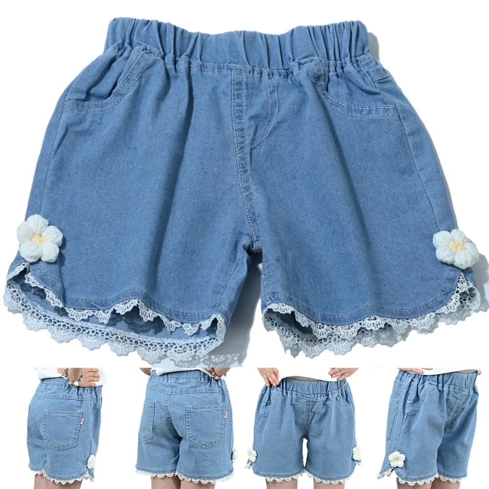 

Girls Denim Shorts Summer Cute Style with Flower Decor Lace Trim Elastic Waist Kids Denim Shorts Girls Casual Shorts