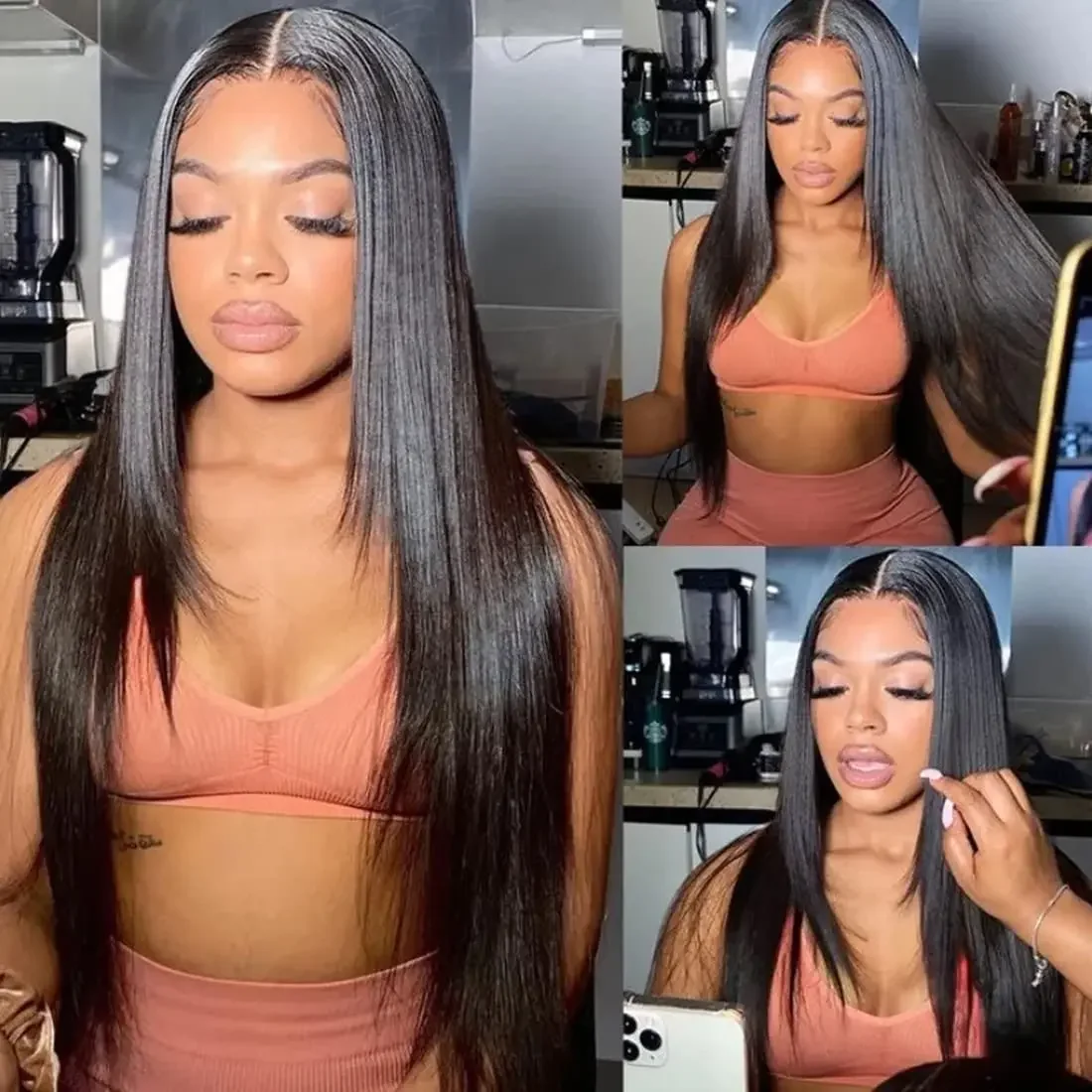 Straight Lace Front Wigs Synthetic Layered Cut Natural Black /Reddish Brown Inner Buckle Lace Frontal Wigs For Black Women