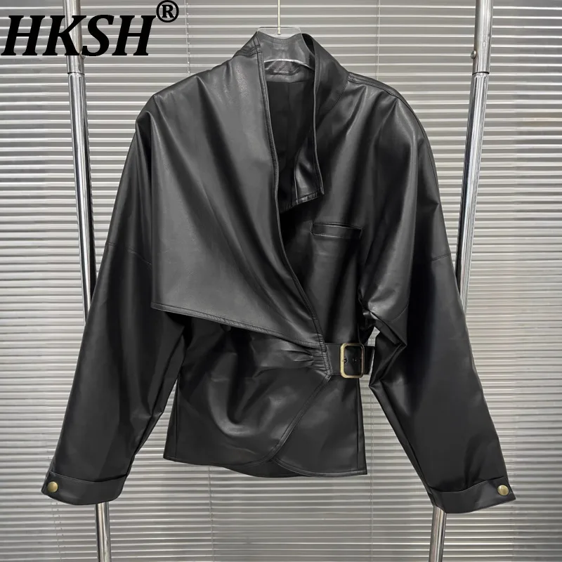 

HKSH Spring Autumn New Women's Jacket PU Leather Stand Collar Long Sleeves Lace-up Waist Cinching Asymmetric Trendy Coat HK16007