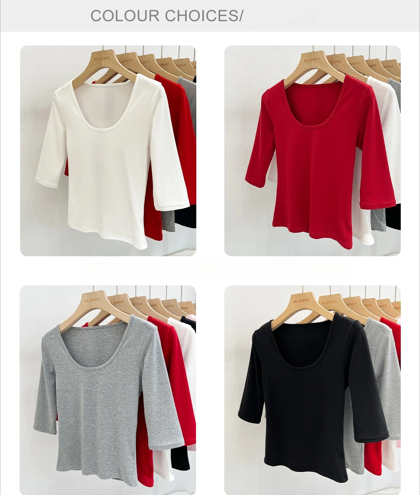 Zjaiss Women's White Base Top 2026 New U-Neck Three-Quarter Sleeve Tee for Spring & Summer Solid Versatile Casual Simple T-Shirt