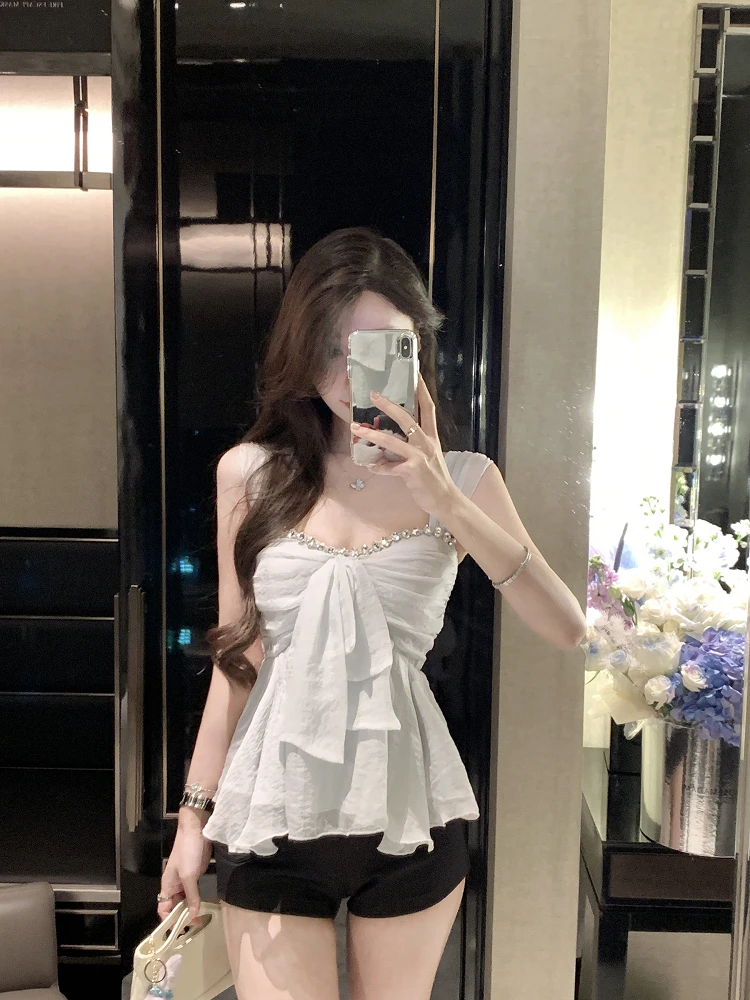 

Женский летний шифоновый топ Ele Diamond с бриллиантовой отделкой, дышащий, повседневный, с квадратным вырезом, свободного кроя