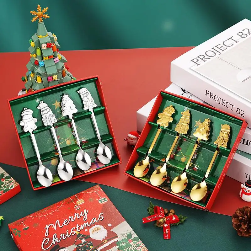 (Ce14)4Pc Stainless Steel Christmas Spoon Set With Cute Santa Snowman Tree Handles Perfect For Holiday Gifting Dessert Use