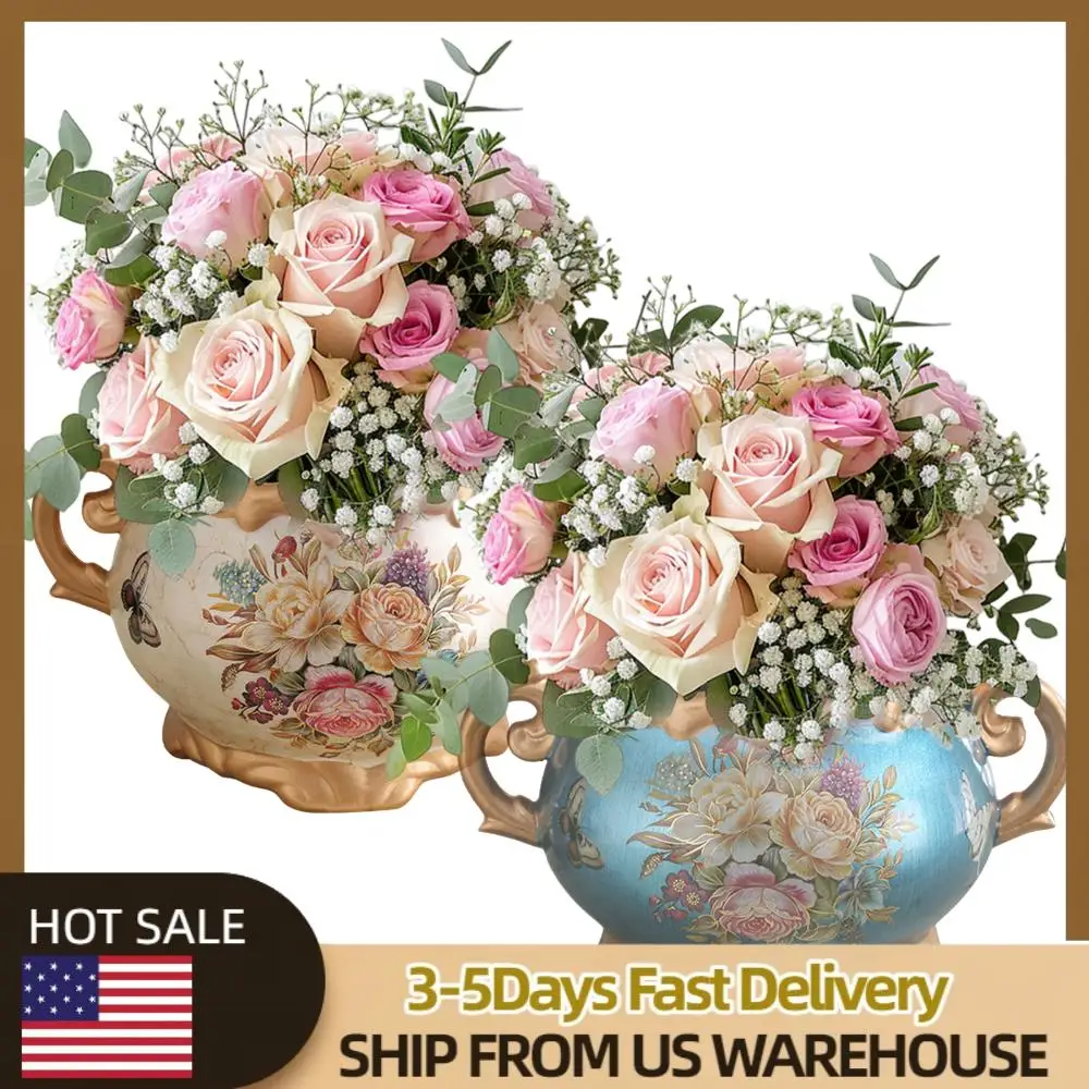 

Hand Painted Pattern Vase with Handle Europe Retro Ceramic Vase Desktop Flower Arrangement Vase for Office Bedroom Decor