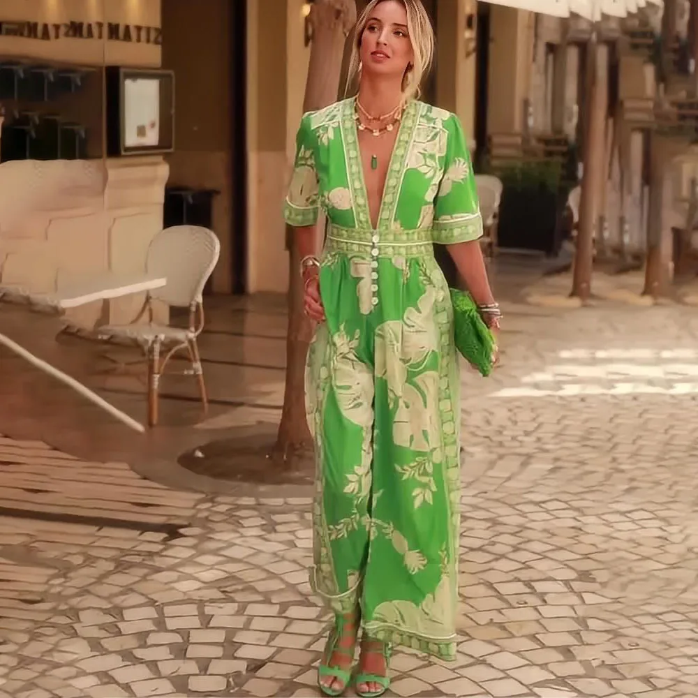 Zomer jumpsuit met wijde pijpen, dames 2025, mode, losse bloemenprint, nieuw in strapless jumpsuits, casual kleding uit één stuk