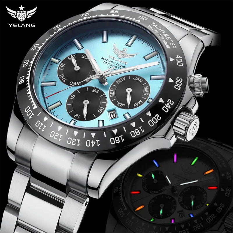 Yelang Men Sports Watch 42mm Panda  Six Eyes Flying Probe Retro Luxury  9120 Fully Automatic Mechanical Sapphire 10Bar Luminous