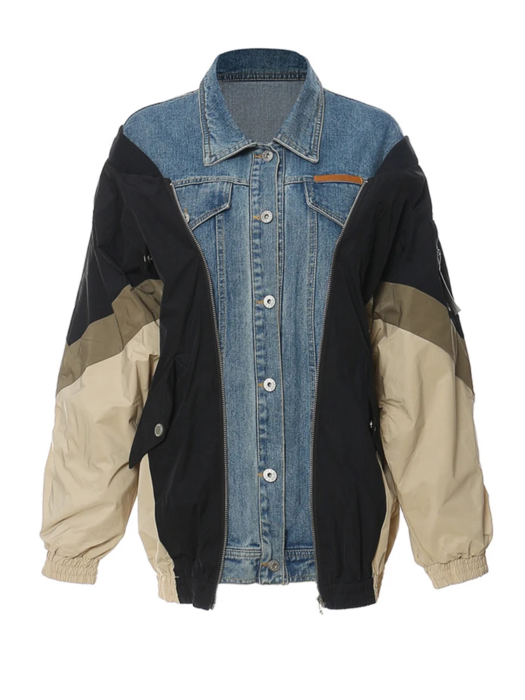 

Винтажная джинсовая куртка-жилет STUDIO в стиле пэчворк, свободного кроя, унисекс, весна-осень, имитация двухслойности, с цветными блоками, в бейсбольном стиле