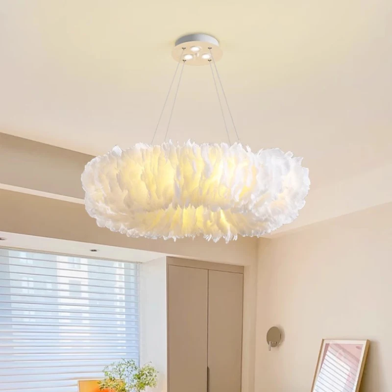 

Nordic Romantic Warm Princess Room Chandeliers LED Ring Feather Lamps Modern Girl Bedroom Living Room Room Decor Chandelier
