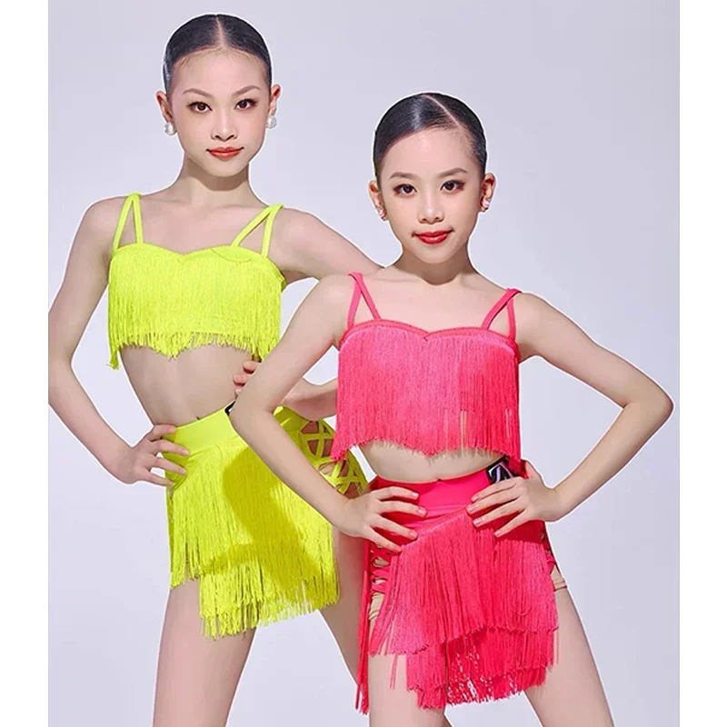 

Latin Dance Clothes Kids Girls Summer Yellow Pink Fringe Performance Costume Cha Cha Dance Competition Dress Rumba Sets DNV20847