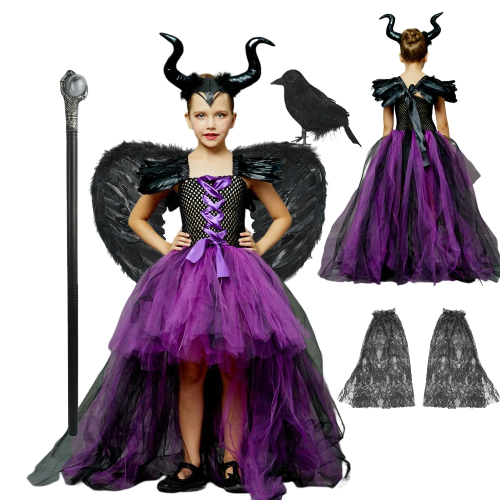 Disfraz de bruja de Halloween para niños, vestido de cola negra púrpura de tul, Vestidos de Cosplay para niñas, Vestidos de princesa de malla de Reina Malvada para fiesta