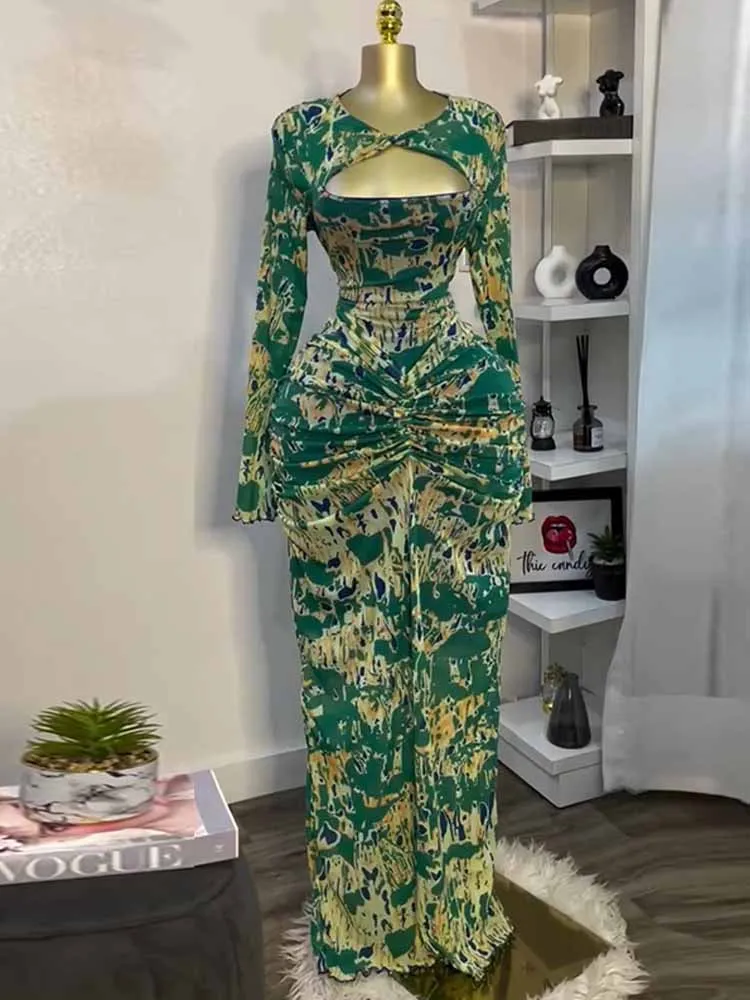 

BKQU Front Hollow Out Sexy Printed Maxi Dress Women Long Sleeve Ruched Bodycon Elegant Long Dress 2025 Autumn Evening Party Gown