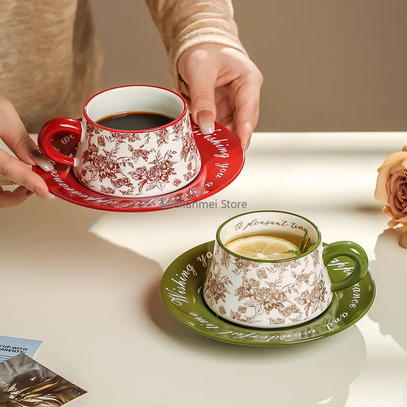 Vintage Peony Coffee Cup Dish Gift Box High Beauty Gift Ceramic Cup Dish Home Afternoon Tea Drinking Water Mug cups