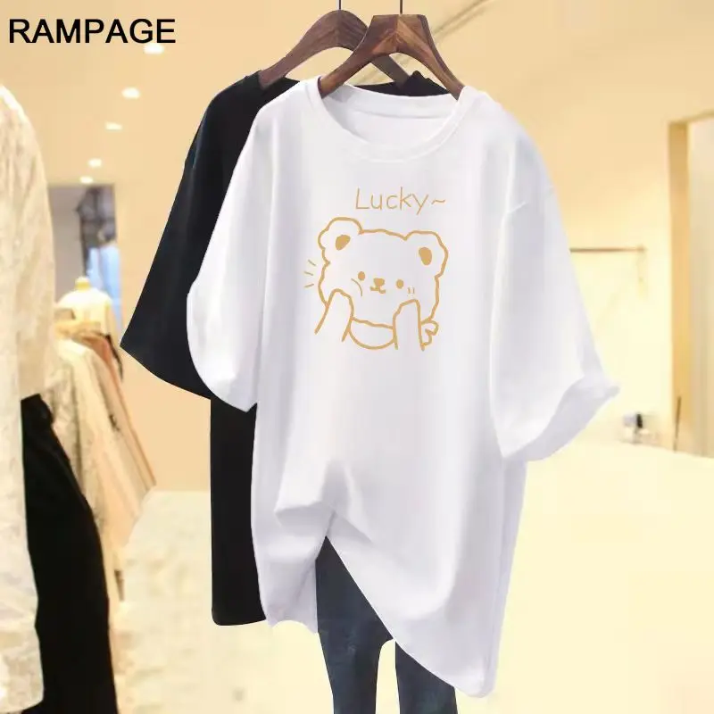 

Women Casual Simple T-shirt Summer Loose Short Sleeve Pure Cotton O-neck Pullover Lady Cartoon Bear Printed Basics Tops M-6XL