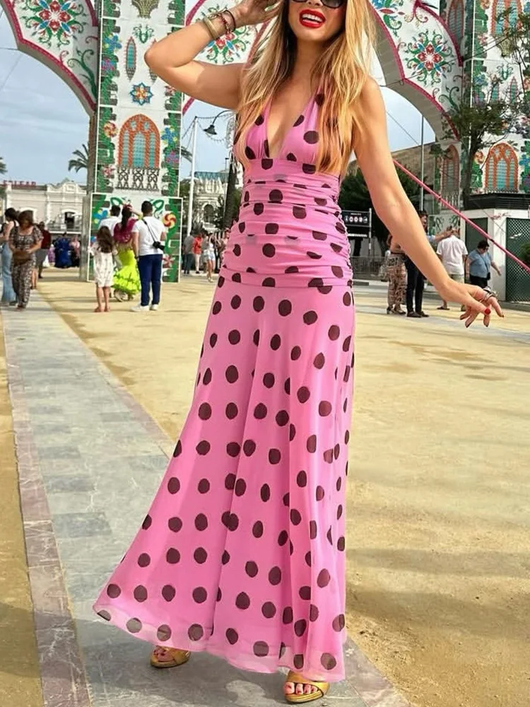 

2025 Fall New Party Elegant Dress Pink Print Pleated Maxi Dress Women's Summer V Neck Sexy Backless Vintage Long Dresses