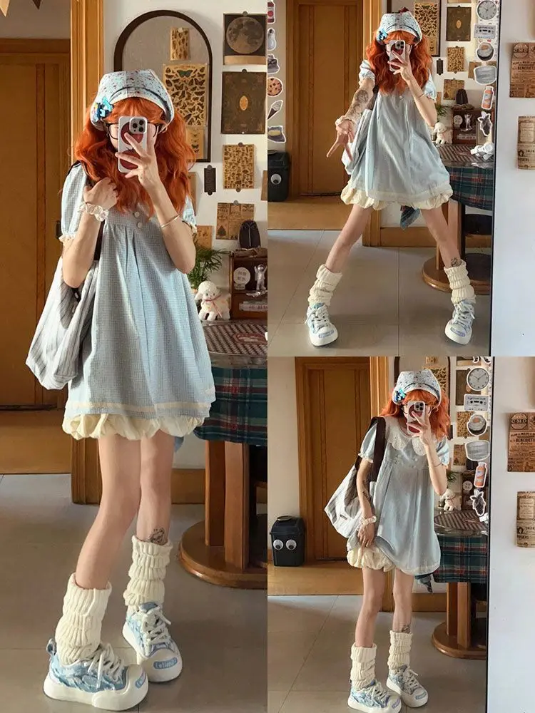 

Платье MAGOGO Y2K в японском стиле 2D с клетчатой юбкой и А-образным силуэтом.