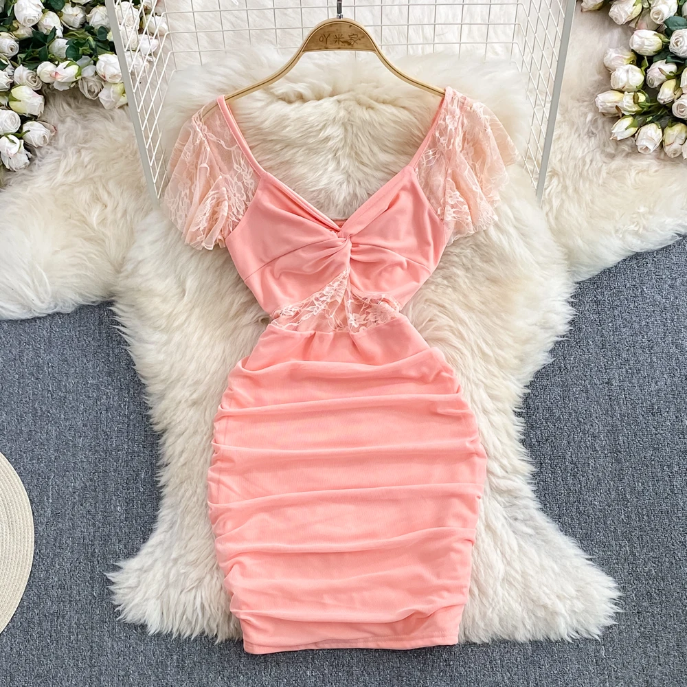 Foamlina Summer Fashion Sexy Lace Splice V-neck Dress Sweet Girl's Flying Sleeves Waist Shrinking Wrap Dress Mini Short Dresses