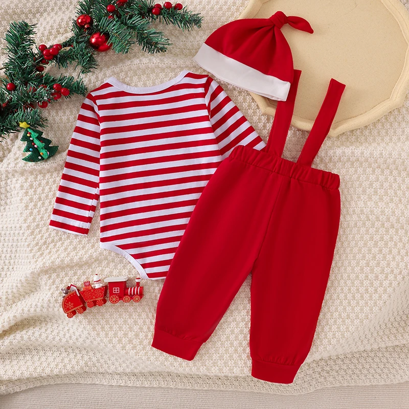 Baby Christmas Clothing Boy Girl Bear Print Long Sleeve Romper Striped Suspender Pants Hat Newborn Xmas Clothes Set