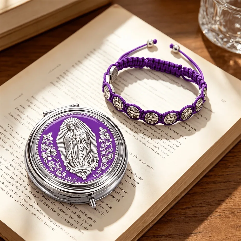 1 Juego de Pulsera y Rosario de Nuestra Señora de Guadalupe, Estuche de Metal para Joyas, para Regalos de Bautizo, Primera Comunión y Fiestas Religiosas