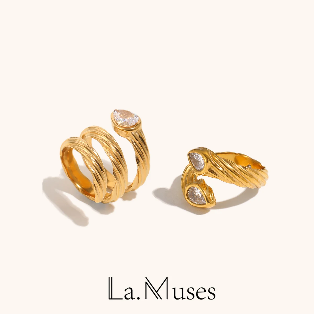 La. Muses Zircon Fried Dough Twists Stainless Steel Women's Ring PVD Gold Plated Fashion Daily Jewelry Accessories