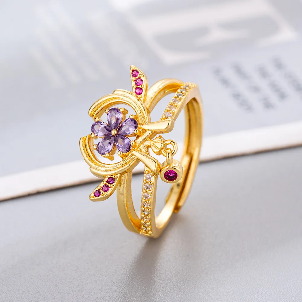 Yae Miko Rhinestone Flower Ring Luxury Rose Gold Adjustable Opening Ring Electroplate Simple Finger Opening Ring Female