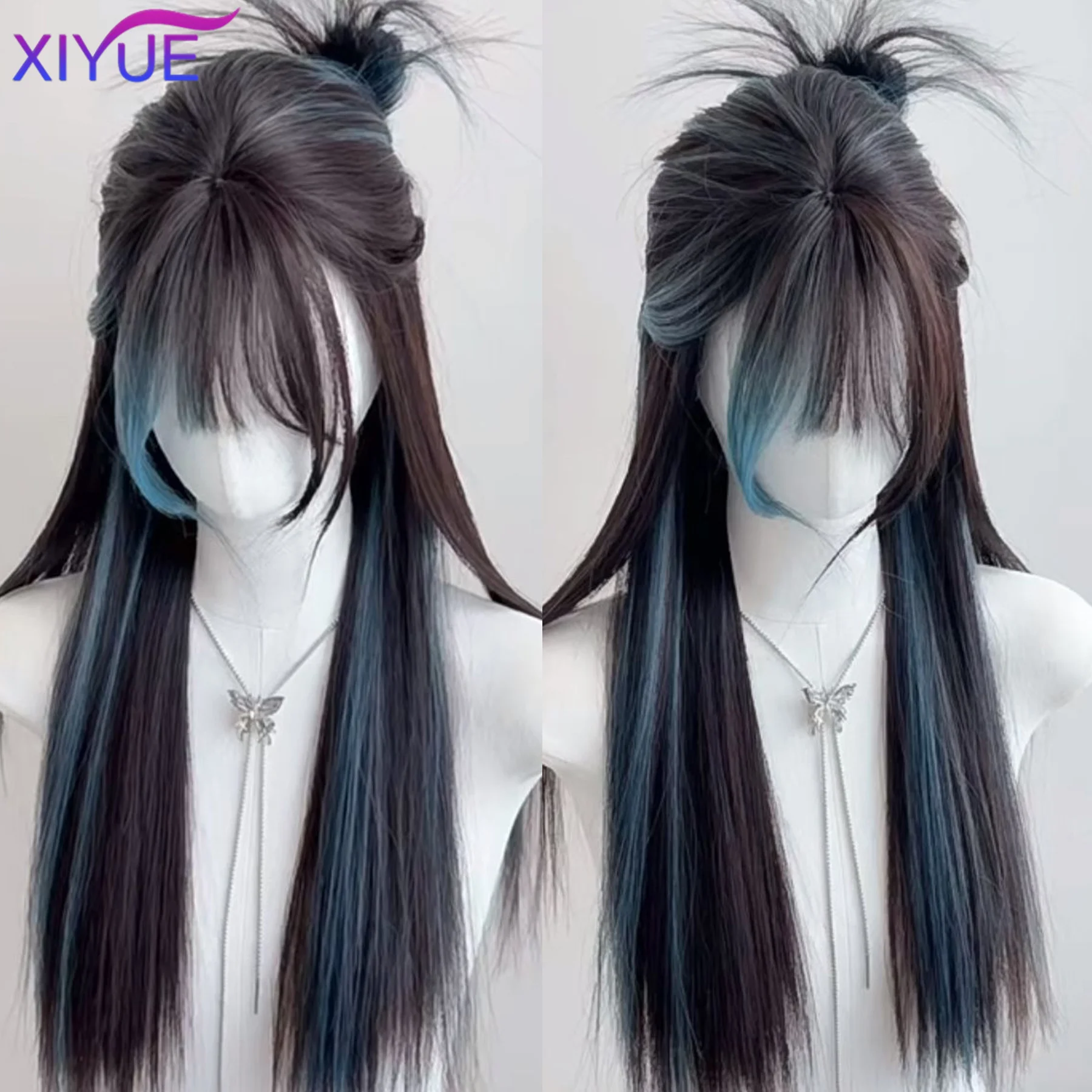 XIYUE Blue Gradient Black Color Synthetic Wigs With Bang Long Natural Straight Hair Wig For Women Cosplay Heat Resistant