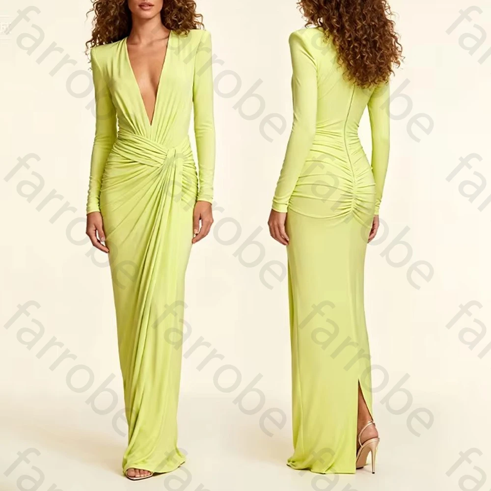 

Elegant Deep V-neck Long Sleeves Evening Dresses Sexy Pleat Celebrity Dress Exquisite High Quality Prom Party Gowns Customized