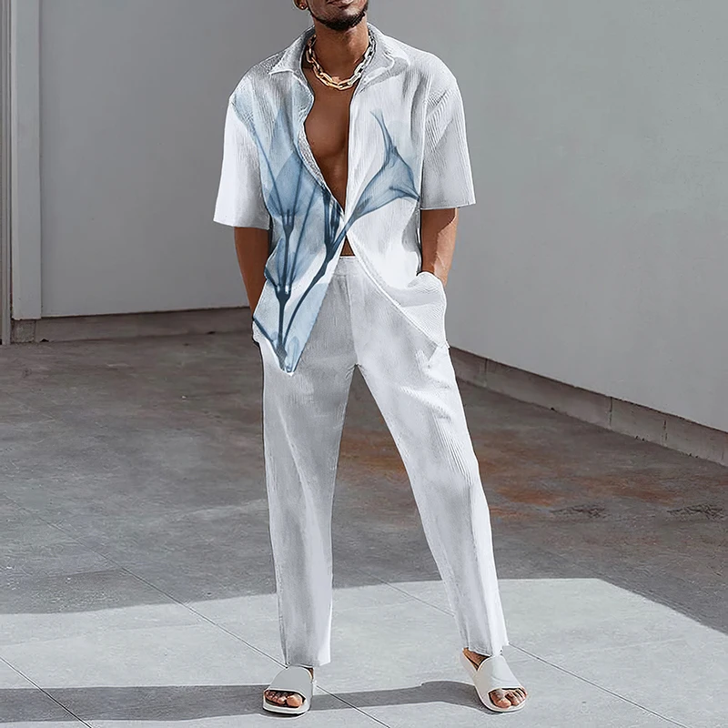 

Fashion Summer Print Two Piece Set Men Lapel Button Short Sleeve Shirt And Straight Pants Suit Men Casual Oversized Clothes