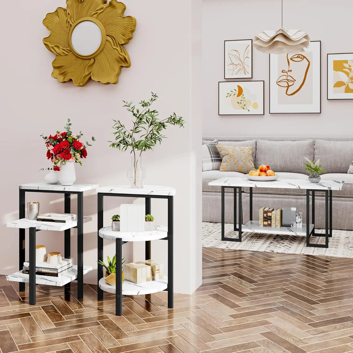 Lamerge Coffee Table Set, mesa de café retangular, 2 mesa de acento, mesa de mármore falso, 3 pcs