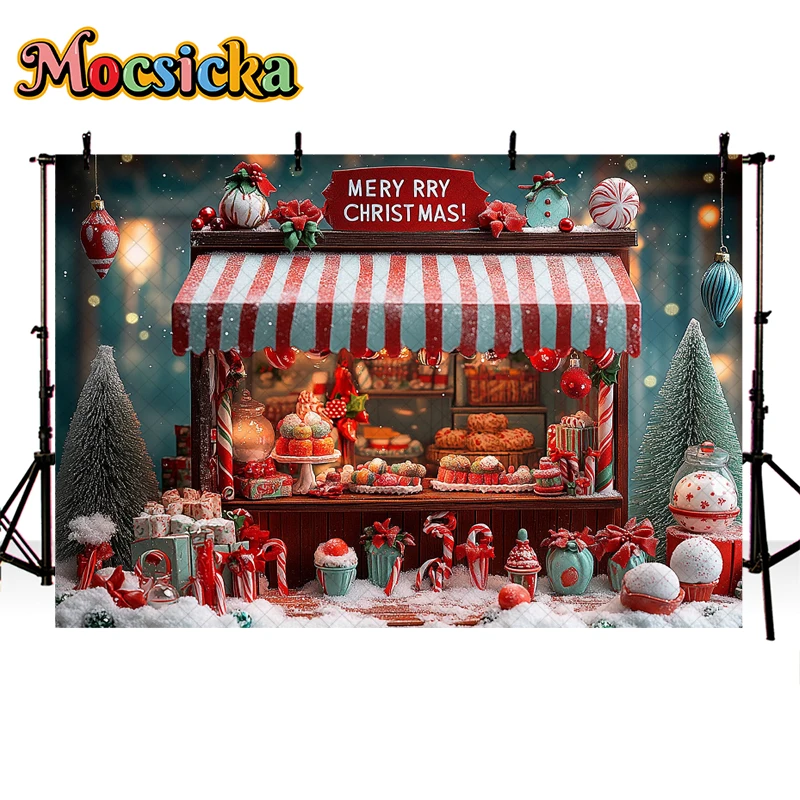 Mocsicka Christmas Cart Store Photography Backdrop Kids Family Photocall Child Baby Photocall Decors Snowy Xmas Trees Background