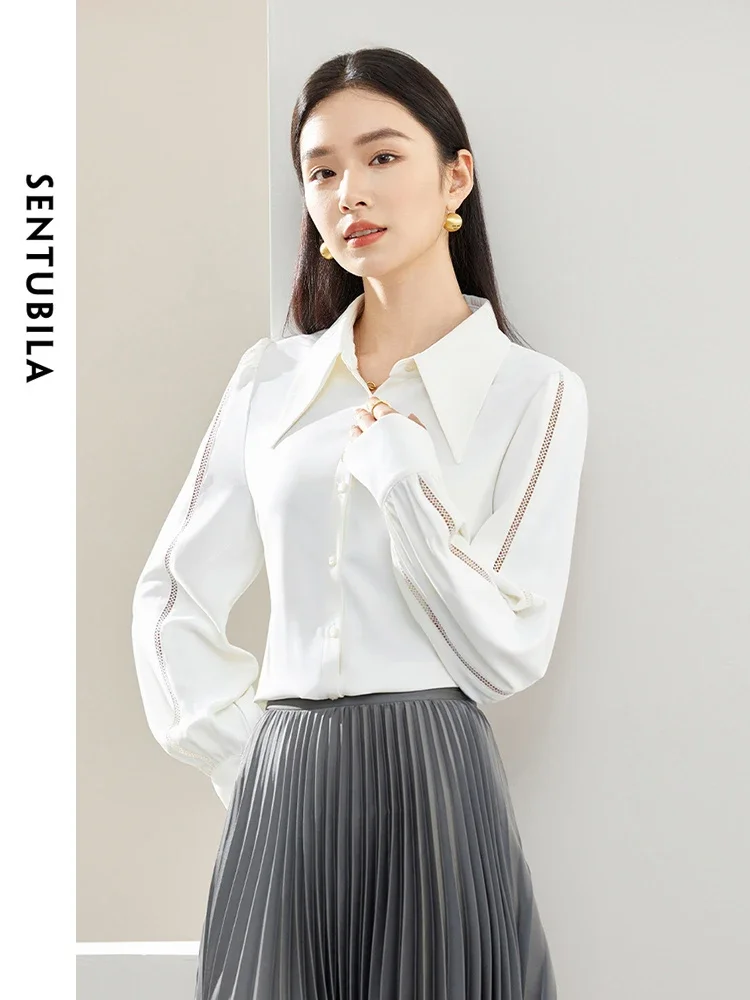 SENTUBILA Hollow Out Simple Casual White Shirt 2025 Spring Summer Polo Collar Button Up Long Sleeve Blouses for Women 143C57366X