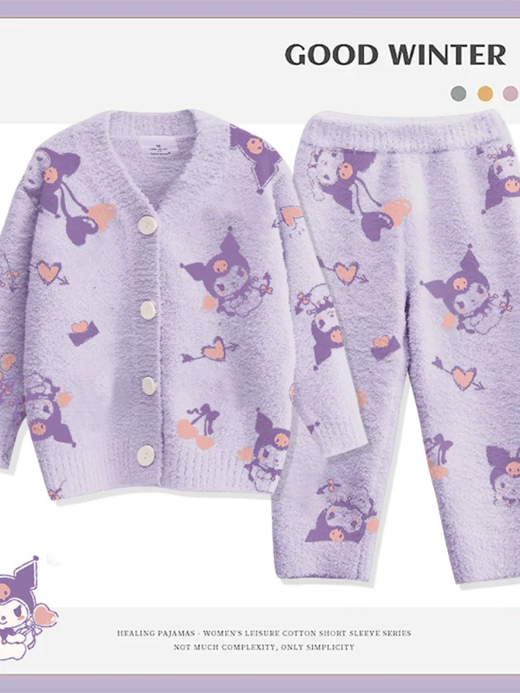 

Cartoon Kuromi Hello Kitty Girls Plush Pajamas 2Pcs Winter Children Cardigan Pants Set Anime Warm Homewear Nightwear
