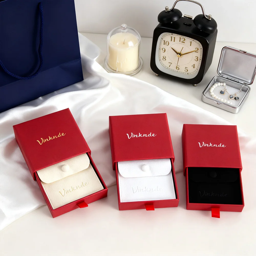 

Paper Cardboard Drawer Sliding Jewelry Packaging Box Gift Necklace Earring Bracelet Ring Boxes With Microfiber Velvet Snap Bag