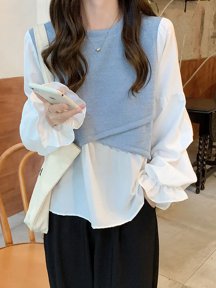 

Elegant Patchwork Asymmetrical Fake Two-Piece Long Sleeve Shirt Women's Design Sensation Style 2026 New Top Trendy