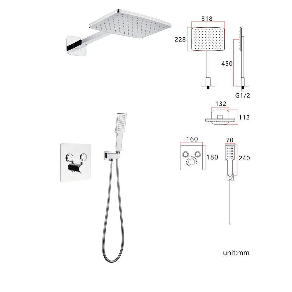 Silver Embedded Concealed Shower Head with Rain Shower Faucet, Made of Solid Copper, Cold and Hot Button Switch Shower Head