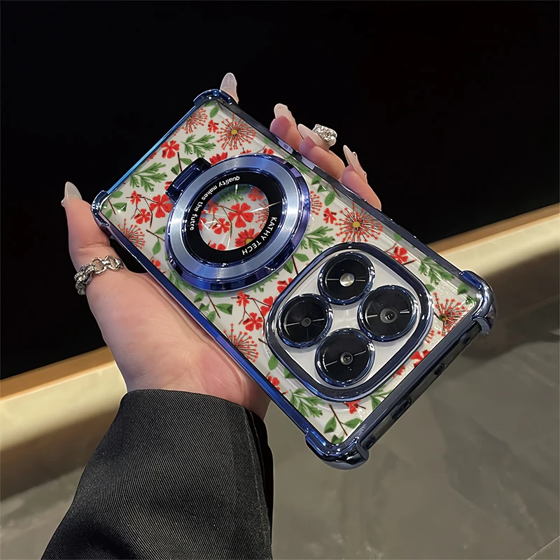 

Phone Case For Xiaomi Redmi 15A 15 4G 5G 12C 12 13 13X 15C 14C 13C Fashion Flower Print Plating Clear Shockproof Bracket Cover