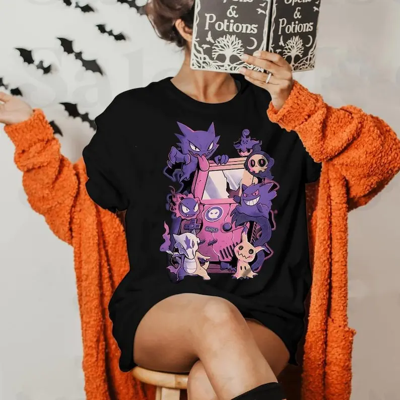 البوكيمون Gengar تي شيرت Y2k تيز انمي ياباني موضة الرجال النساء تي شيرت القطن طباعة قصيرة الأكمام المحملة Harajuku Y2K المحملة القمم