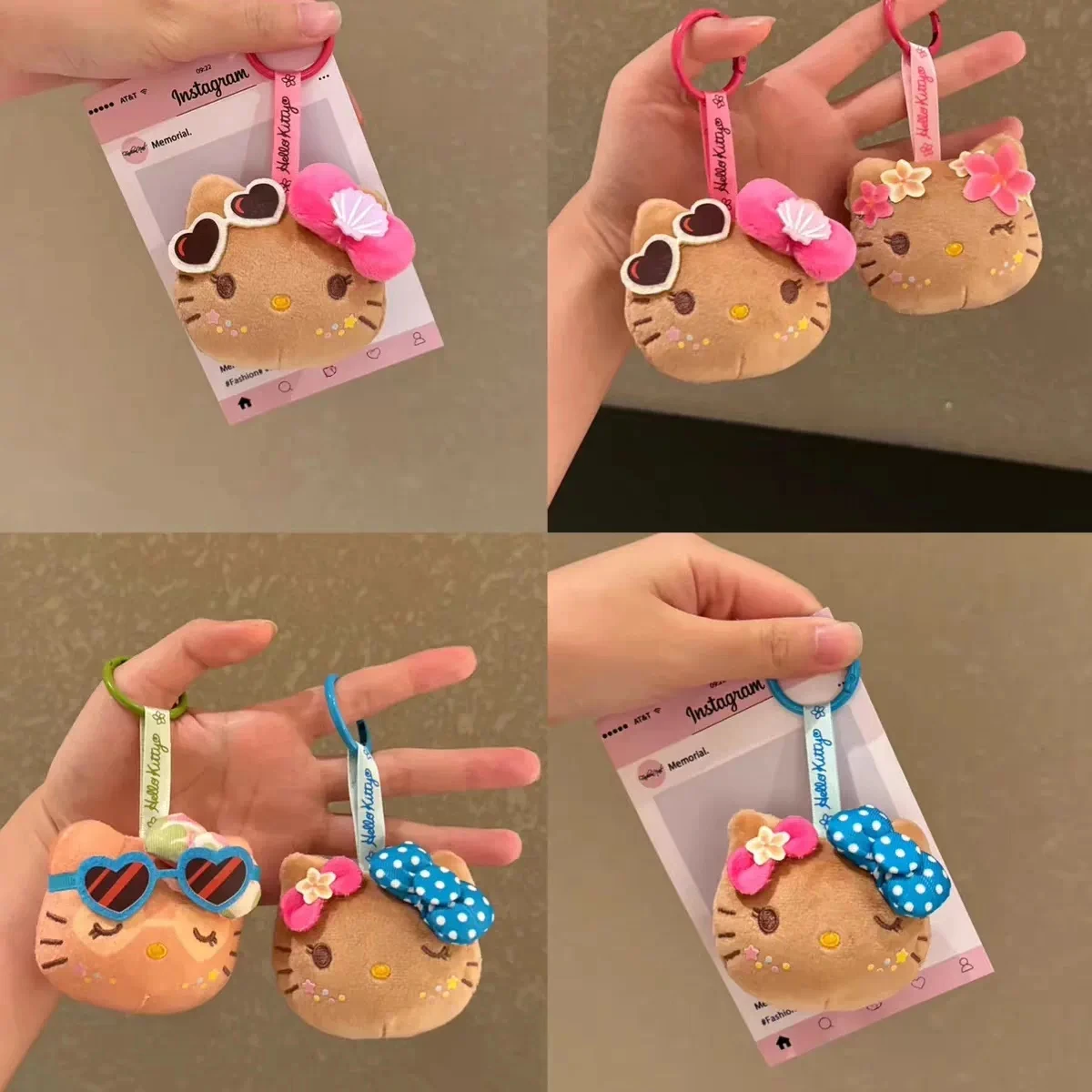 Cute Hawaii Sun Tan Cat Plush Pendant Keychain Flower Bowknot Sunglasses Design Soft Stuffed Doll Backpack Handbag Hanging Charm