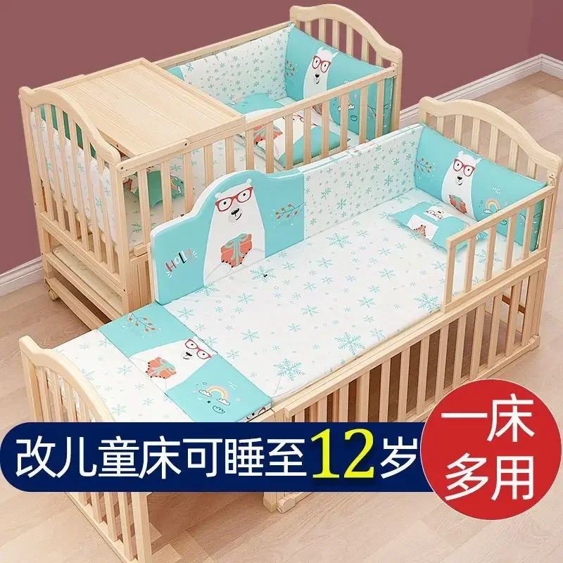 Baby Crib Splicing Large Bed Solid Wood Unpainted Multifunctional Bb Cradle Bed Baby Crib Movable Baby Crib