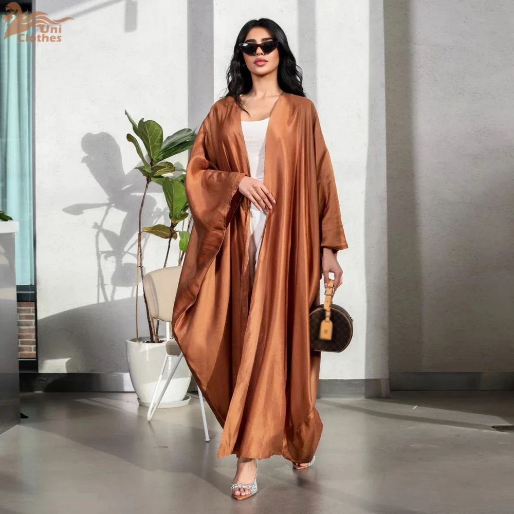 

2025 New Satin Muslim Women Kimono Cardigan Open Abaya Dubai Modest Dress Turkey Kebaya Arabic Robe Caftan Marocain Femme Gown