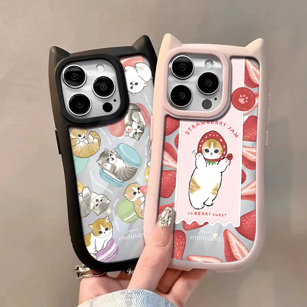 Cute mofusands cat Ear Phone Case For iPhone 16 15 14 13 12 11 Pro Max Transparent Shockproof Hard Acrylic Soft Silicone Bumper