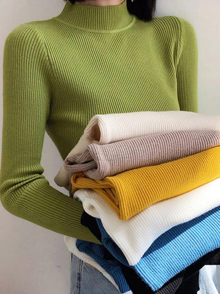

Autumn Winter Mock Neck Women Sweater Vintage Basic Solid Knitted Tops Casual Slim Pullover Korean Sweaters Simple Jumpers 2028
