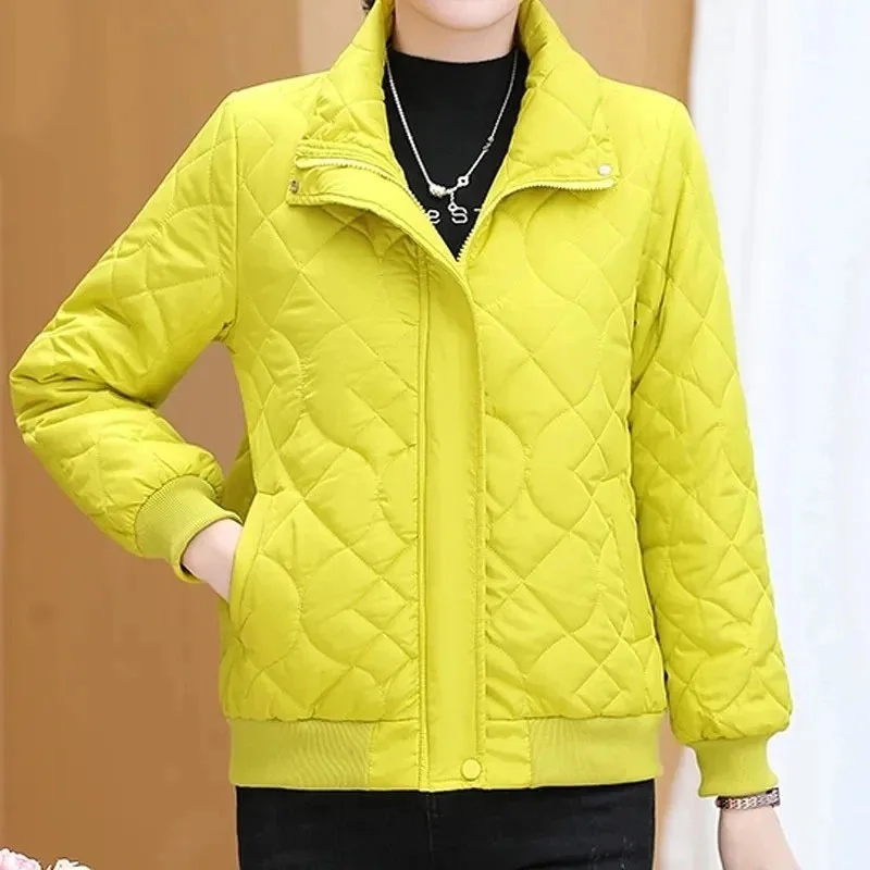 New Women Autumn Winter Cotton  Coat Diamond Grid Fashion Short Down Cotton Jacket Korean Stand Collar Warm Cotton Overcoat