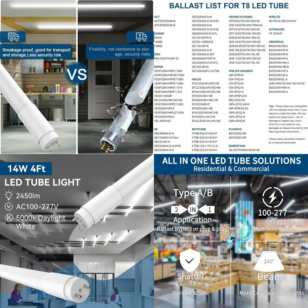 

6-Pack 4-Foot 14W LED Bulbs, 2450 Lumens 5000K, Frosted, Replaces F32T8/F40T12, Easy Install, Plug & Play or Ballast Bypass