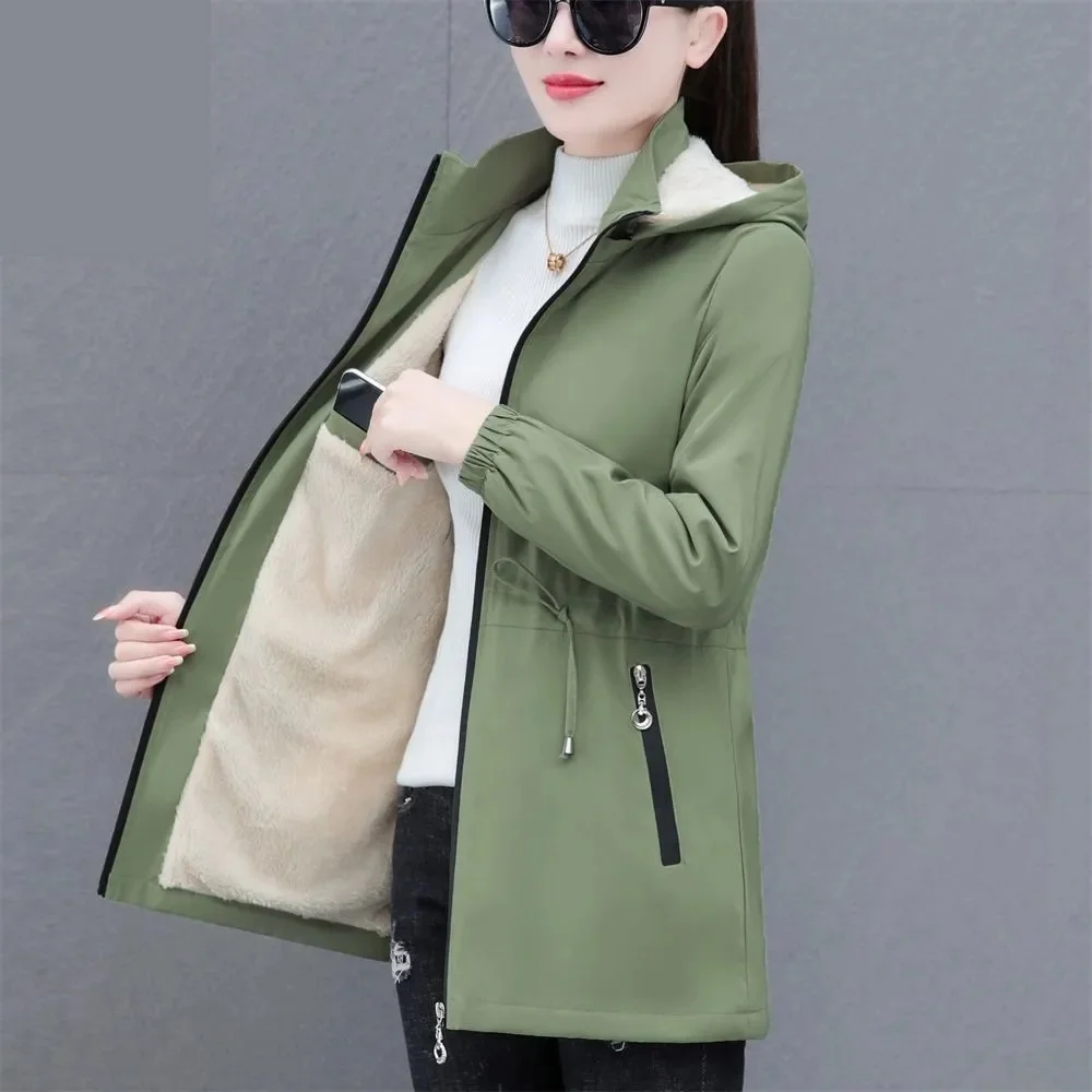 Herbst Winter Frauen Wind jacke 2023neue Samt warme mittellange Kapuze Trenchcoat koreanische weibliche Tops Frauen Jacke schlanke Outwear 5xl