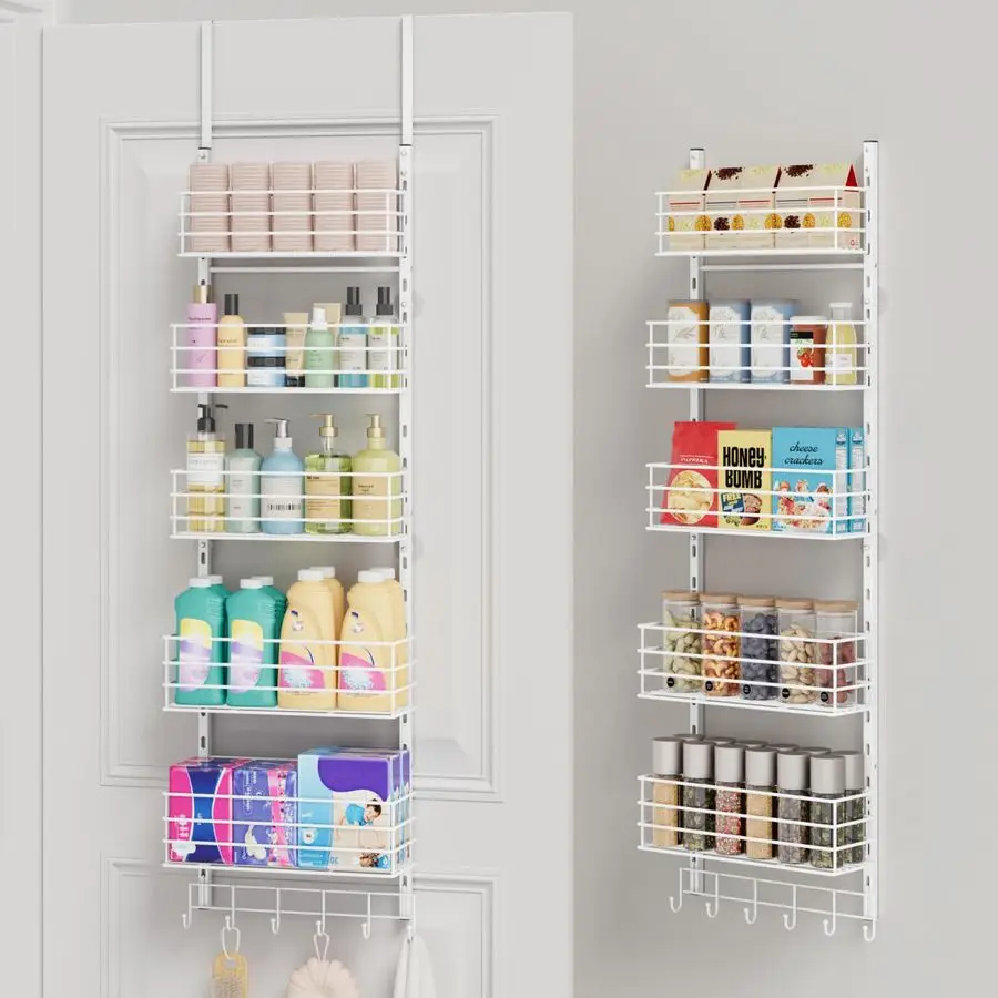 

Навесной органайзер на дверь с 5 регулируемыми металлическими корзинами большой вместимости и 6 крючками для одежды, настенная полка