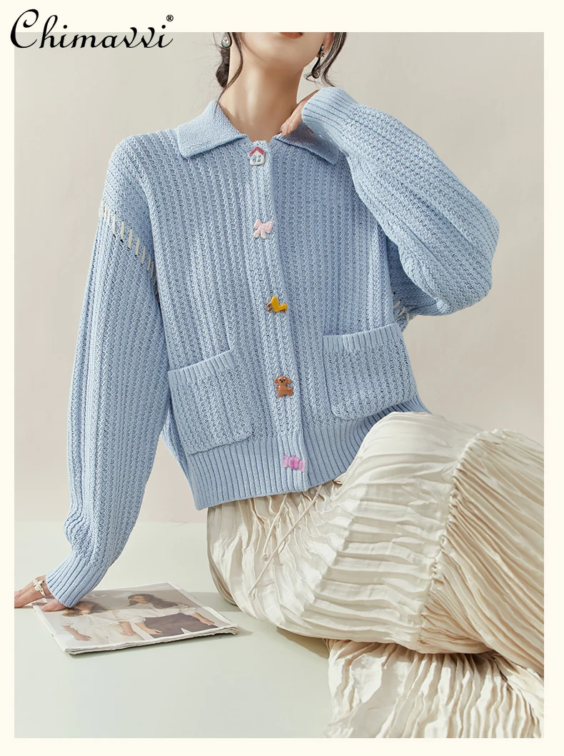

French Elegant Retro Cartoon Button Knitted Tops Turn-Down Collar Long Sleeve Loose Lazy Casual Sweaters Cardigans Women Autumn