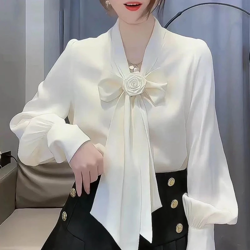 

Women Flower Bow Tie Elegant Blouse Fashion White Business Casual Office Lady Shirts Long Sleeve Loose Chic Chiffon Tops Blusas