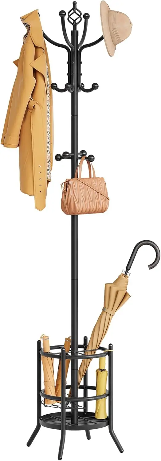 Coat Rack Stand with Umbrella Holder, Freestanding Coat Tree with 16 Hooks for Living Room Bedroom Office Entryway, Black
