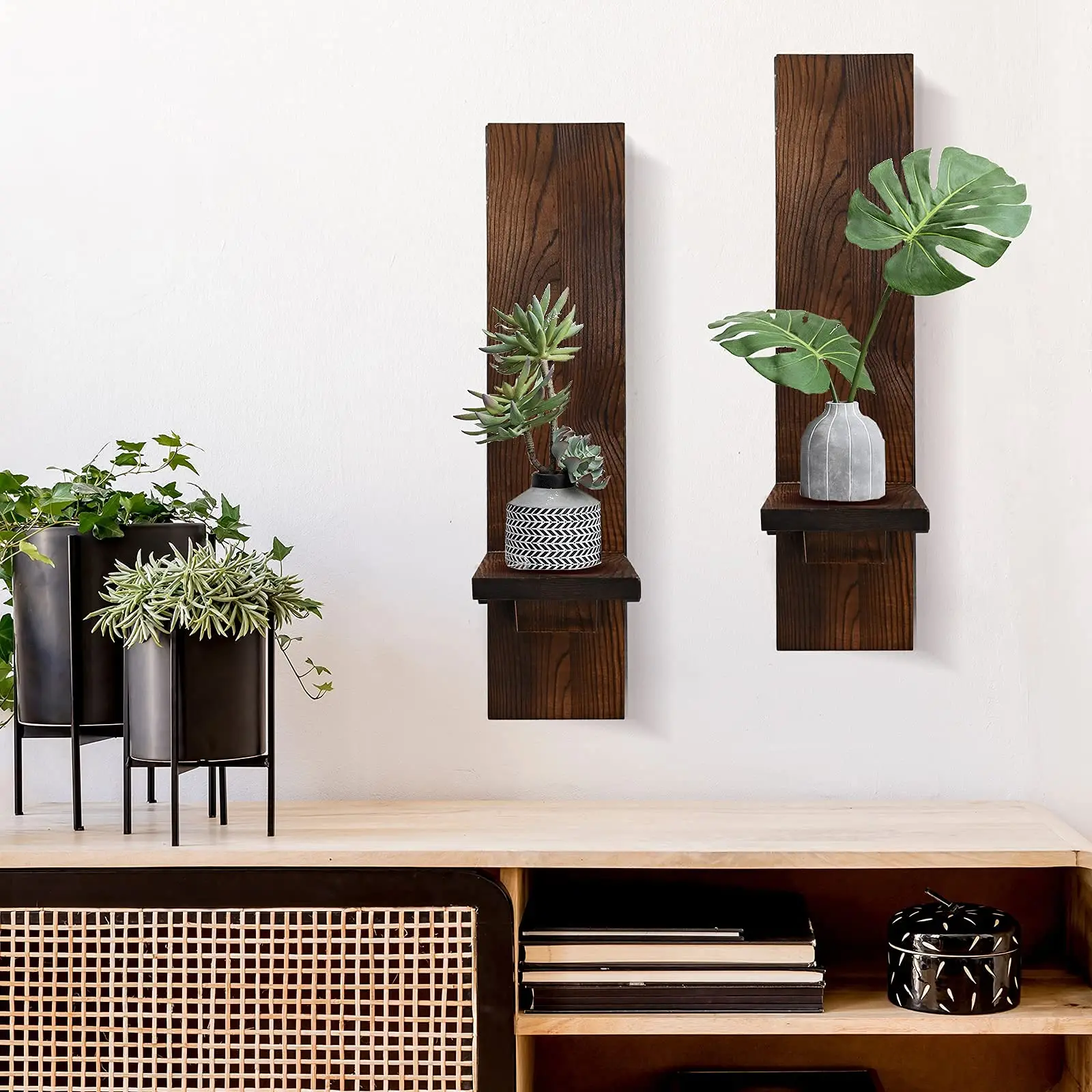 Set of 2 Rustic Wooden Wall Candle Sconces 3