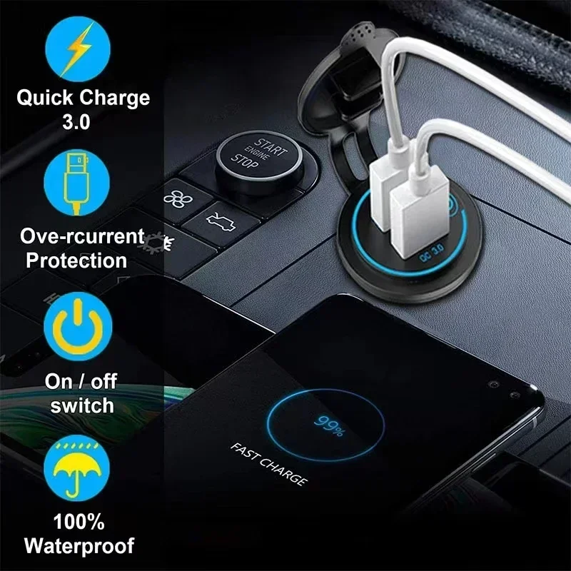 60W Dual QC 3.0 Dual USB Snelle Autolader Socket 12V/24V Waterdicht met Schakelaar Auto Quckly Charge Adapter Stopcontact