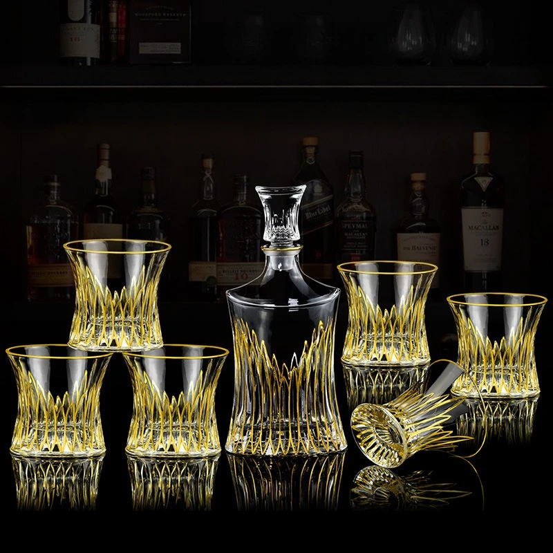 Crystal Glass Whiskey Set Gold Embossed Creative Western Wine Bottle Wine Glass Bar Household Utensils